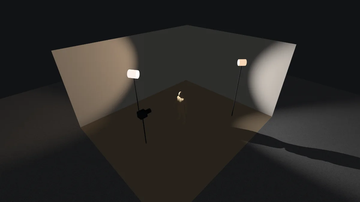 The same plot in three dimensions inside a stage: two lamps on stands throwing pools across the floor, the actor between them.
