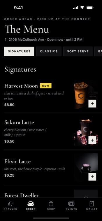 Cafe app drink menu for ordering ahead
